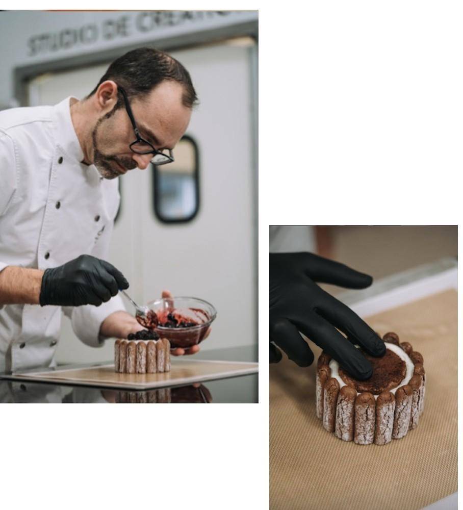 Nicolas Dutertre shown prepping his Chocolate Charlotte dessert for So Good Magazine