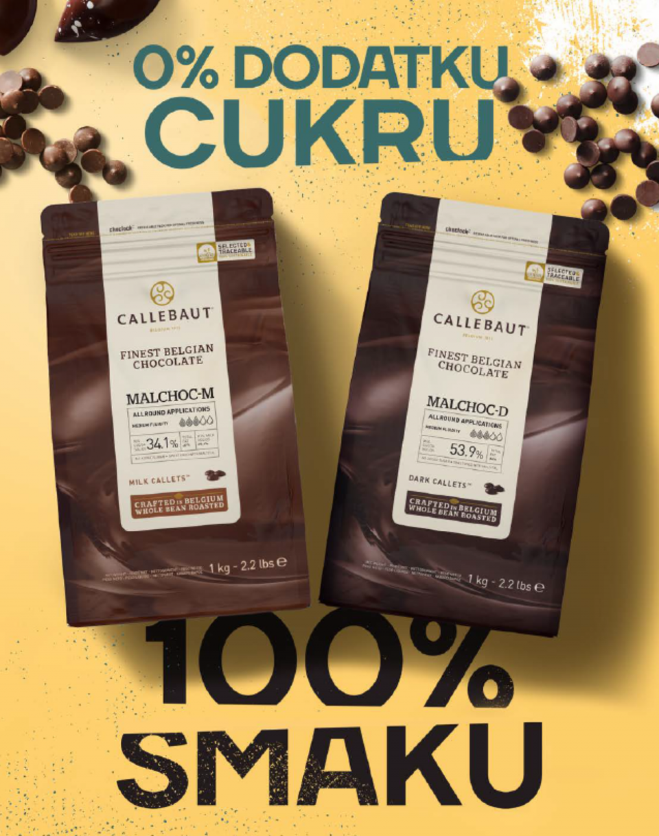 Torebki ciemnych i mlecznych Callebaut™ Malchoc na żółtym tle. Tekst: 0% dodatku cukru, 100% smaku