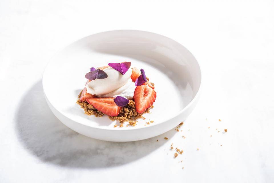  A plated dessert with frozen yogurt and fresh fruit