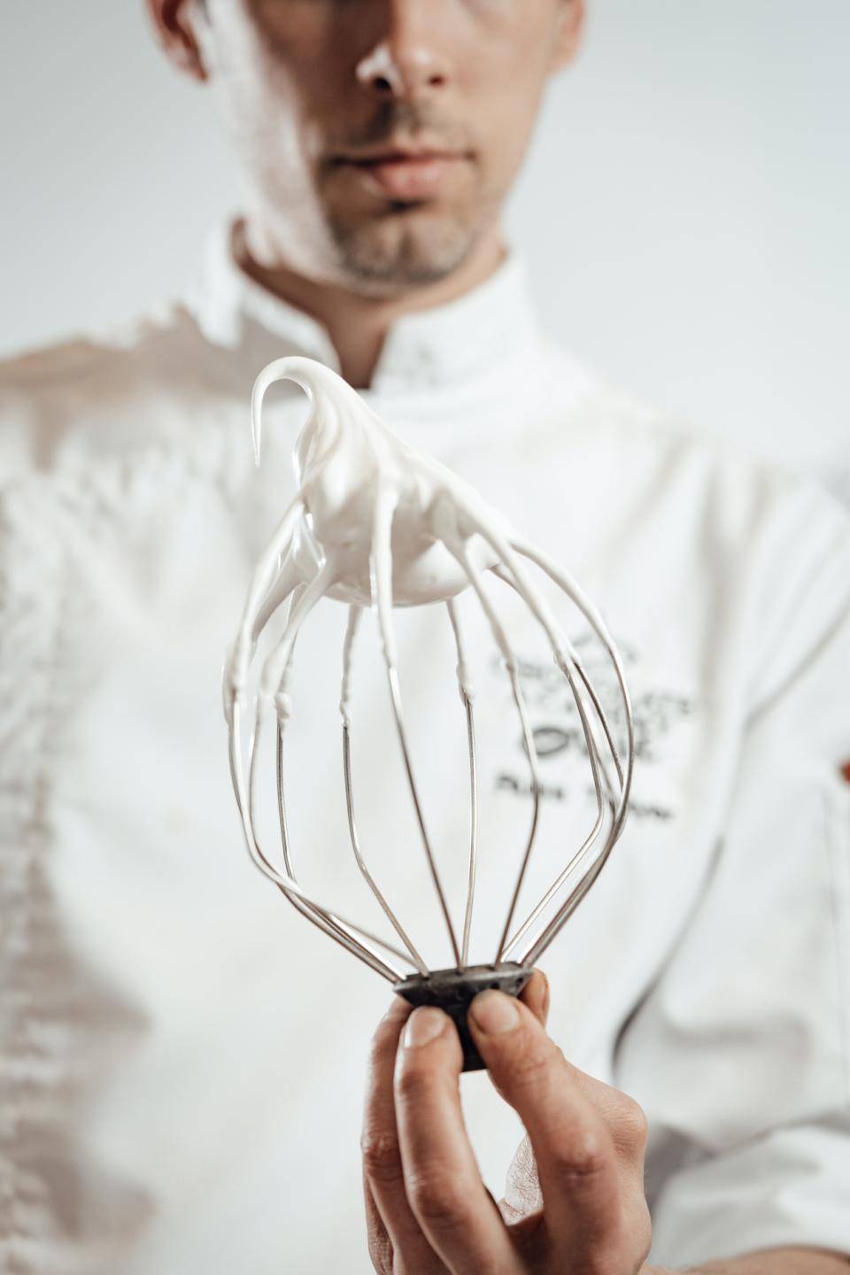 Chef Russ Thayer demonstrates a meringue at the perfect stage of whipping