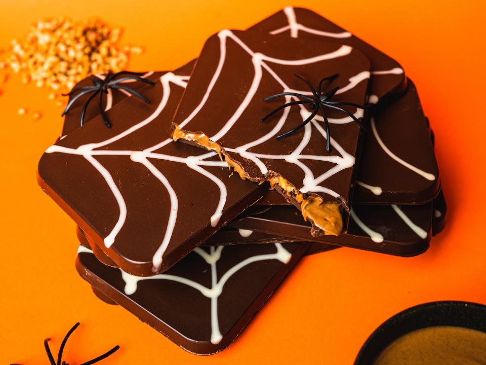 Chocolate Hazelnut tablets decorated with spooky spiders