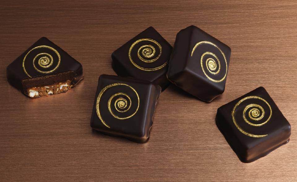 dark chocolate truffle with a gold spiral on top