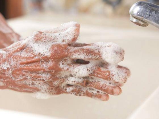 soapy hands in a handwashing sink