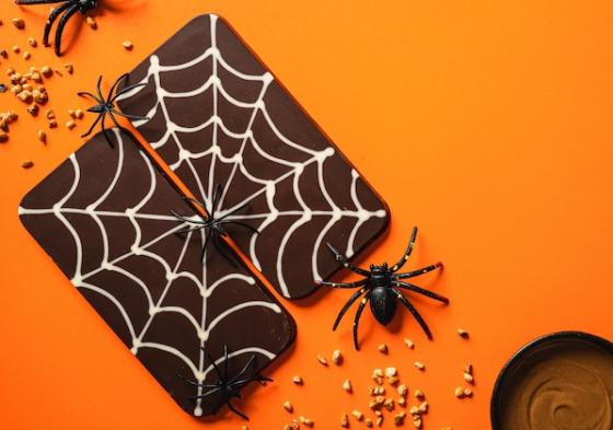 chocolate tablets decorated with a spider web pattern